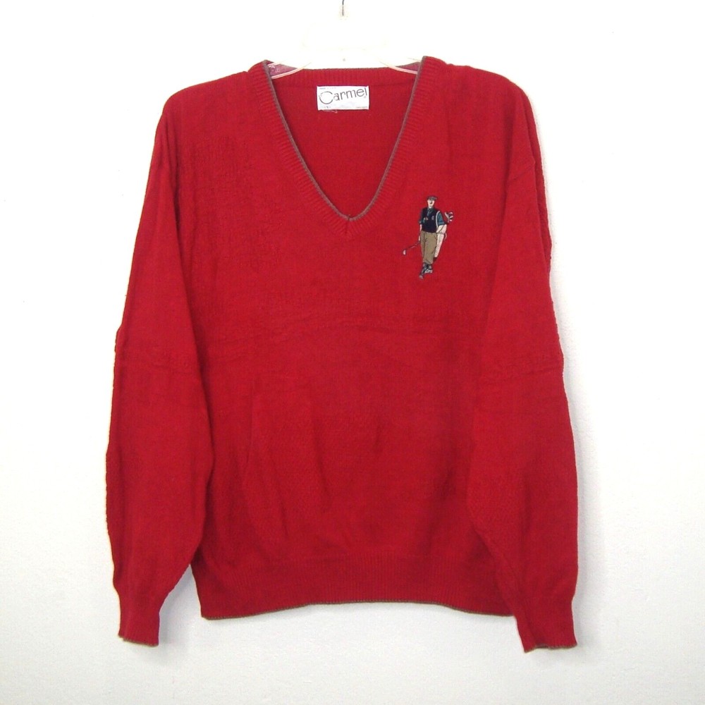 Vintage CARMEL Mens Cotton V-Neck Embroidered Golfer Sweater Size L